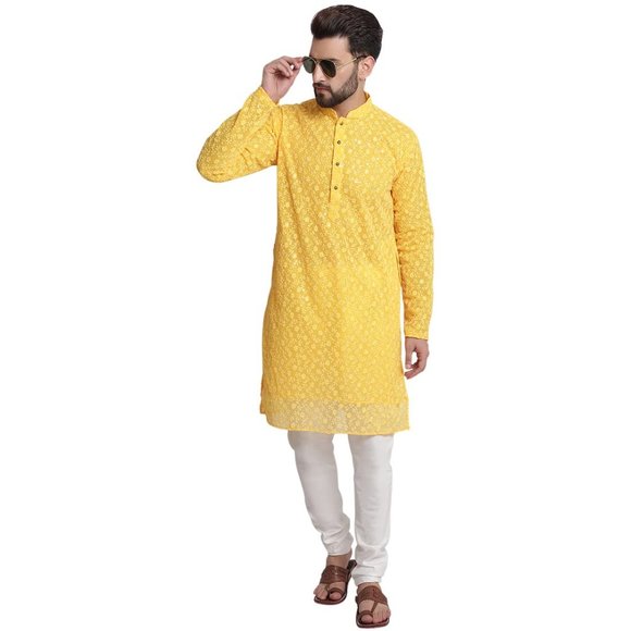 Men Yellow Color Georgette Chikankari Kurta Pyjama Set for Partywear & Wedding - Picture 1 of 7